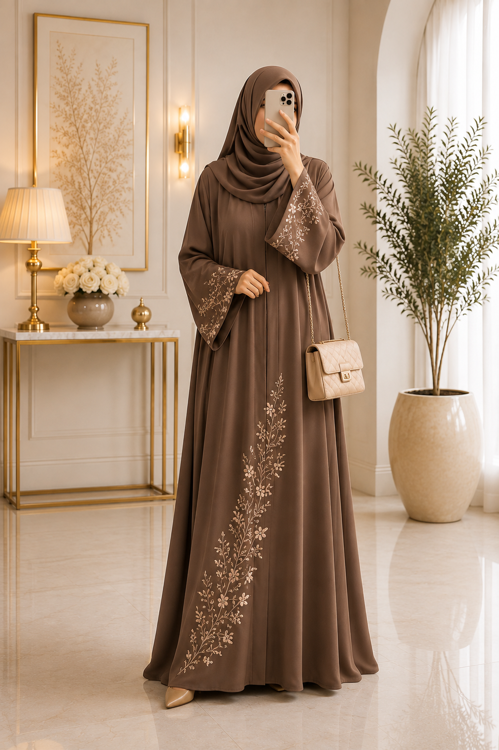 Luxury Floral Embroidered Abaya with Flared Silhouette & Matching Hijab