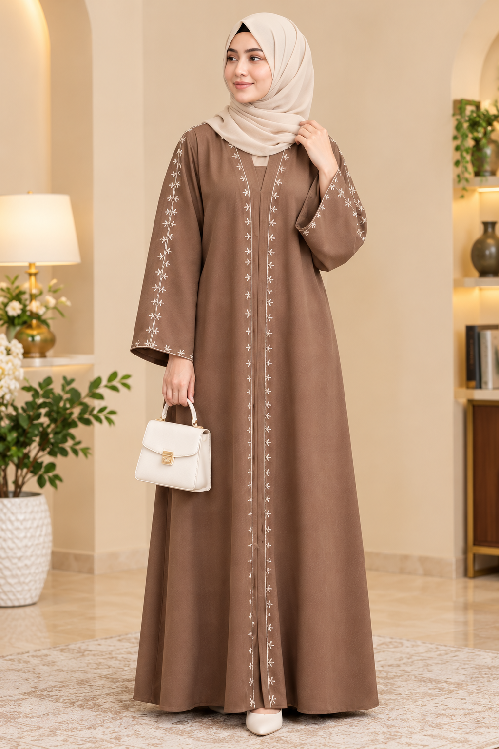 Elegant Mocha Brown Embroidered Abaya – Floral Detail Modest Dress
