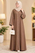Elegant Mocha Brown Embroidered Abaya – Floral Detail Modest Dress