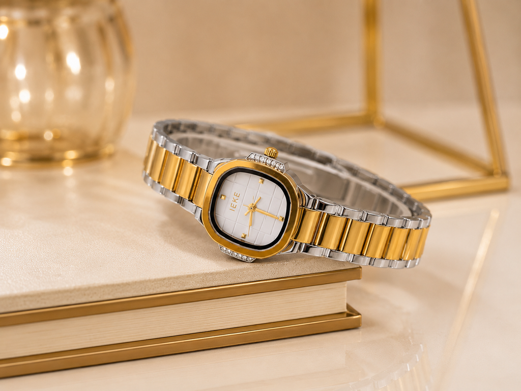 IEKE Women’s Luxury Two-Tone Watch – Elegant Gold & Silver Bracelet Watch with Crystal-Accent Case