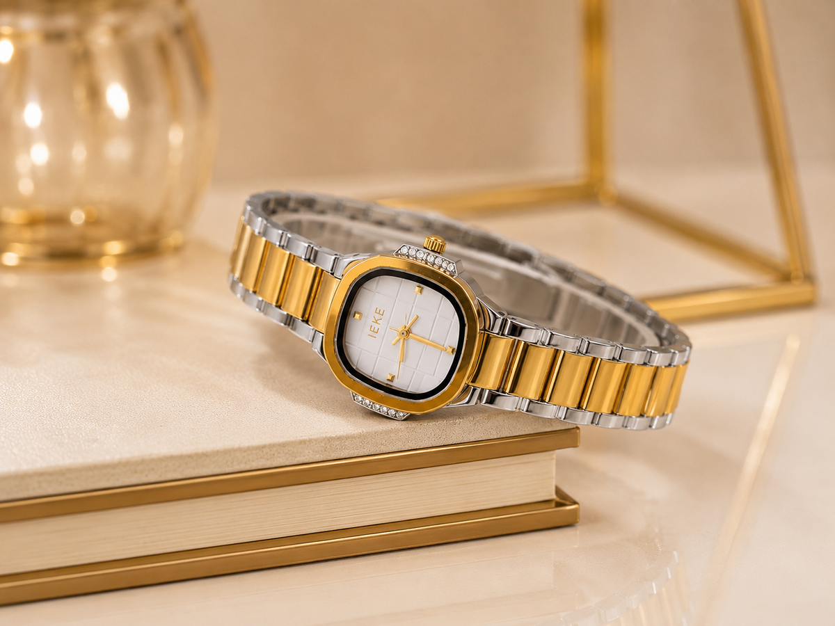IEKE Women’s Luxury Two-Tone Watch – Elegant Gold & Silver Bracelet Watch with Crystal-Accent Case