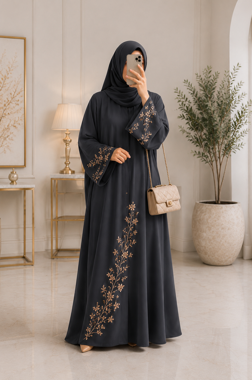 Luxury Floral Embroidered Abaya with Flared Silhouette & Matching Hijab