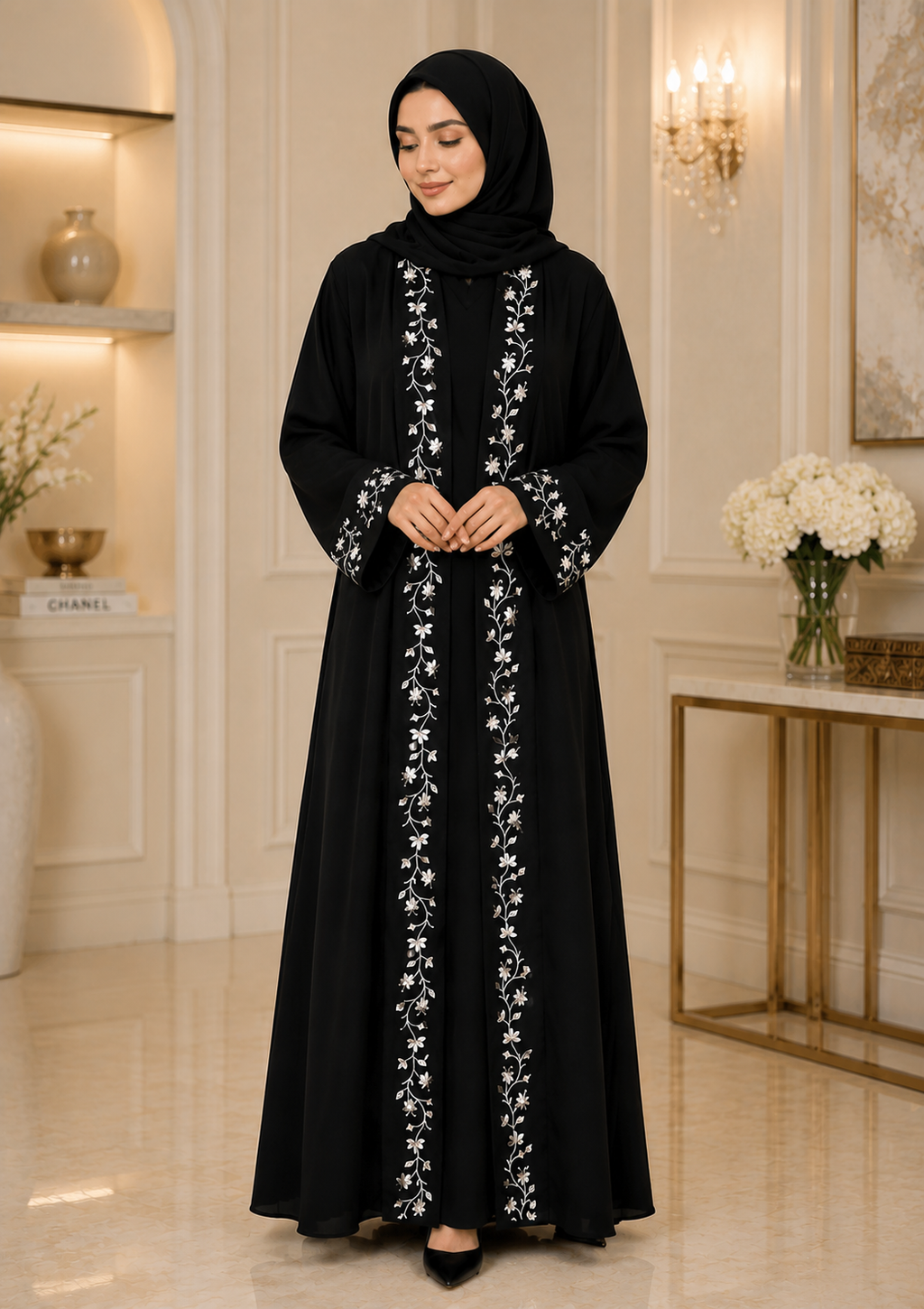 Elegant Black Floral Embroidered Abaya – Luxury Modest Wear for Women