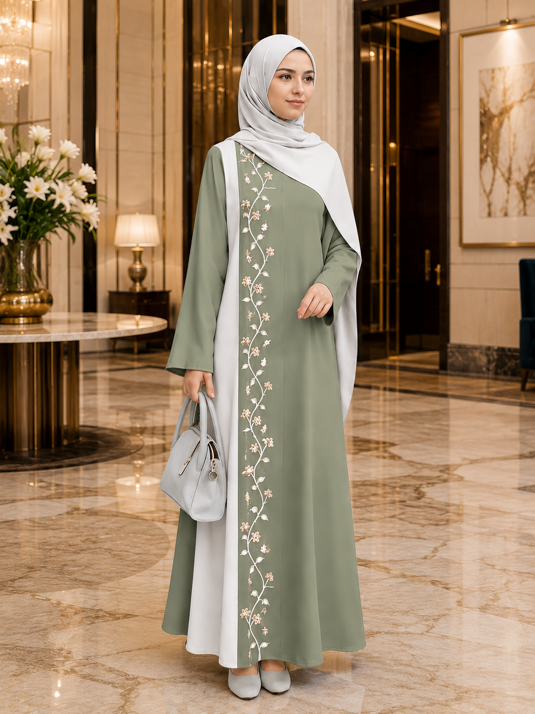 Premium Embroidered Floral Panel Abaya with Elegant Open-Front Overlay