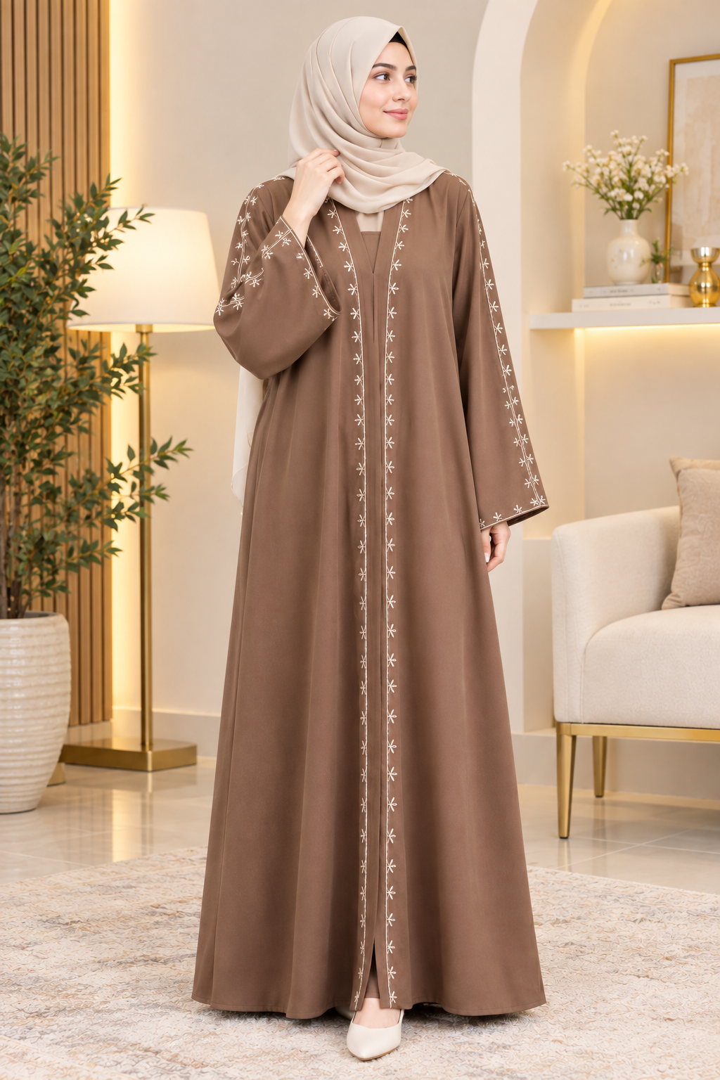 Elegant Mocha Brown Embroidered Abaya – Floral Detail Modest Dress