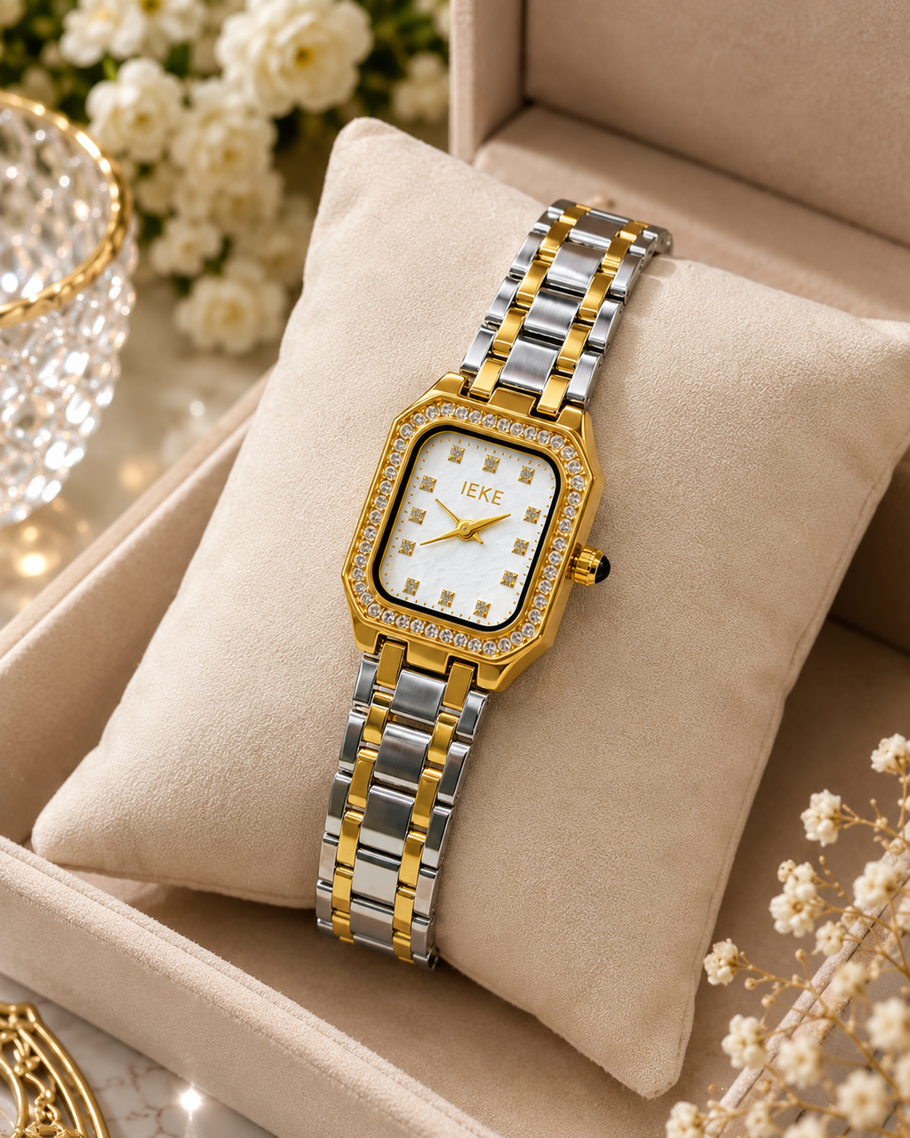 Elegant Luxury Two-Tone Ladies Wrist Watch – Crystal Bezel, Premium Bracelet & Stylish Dial