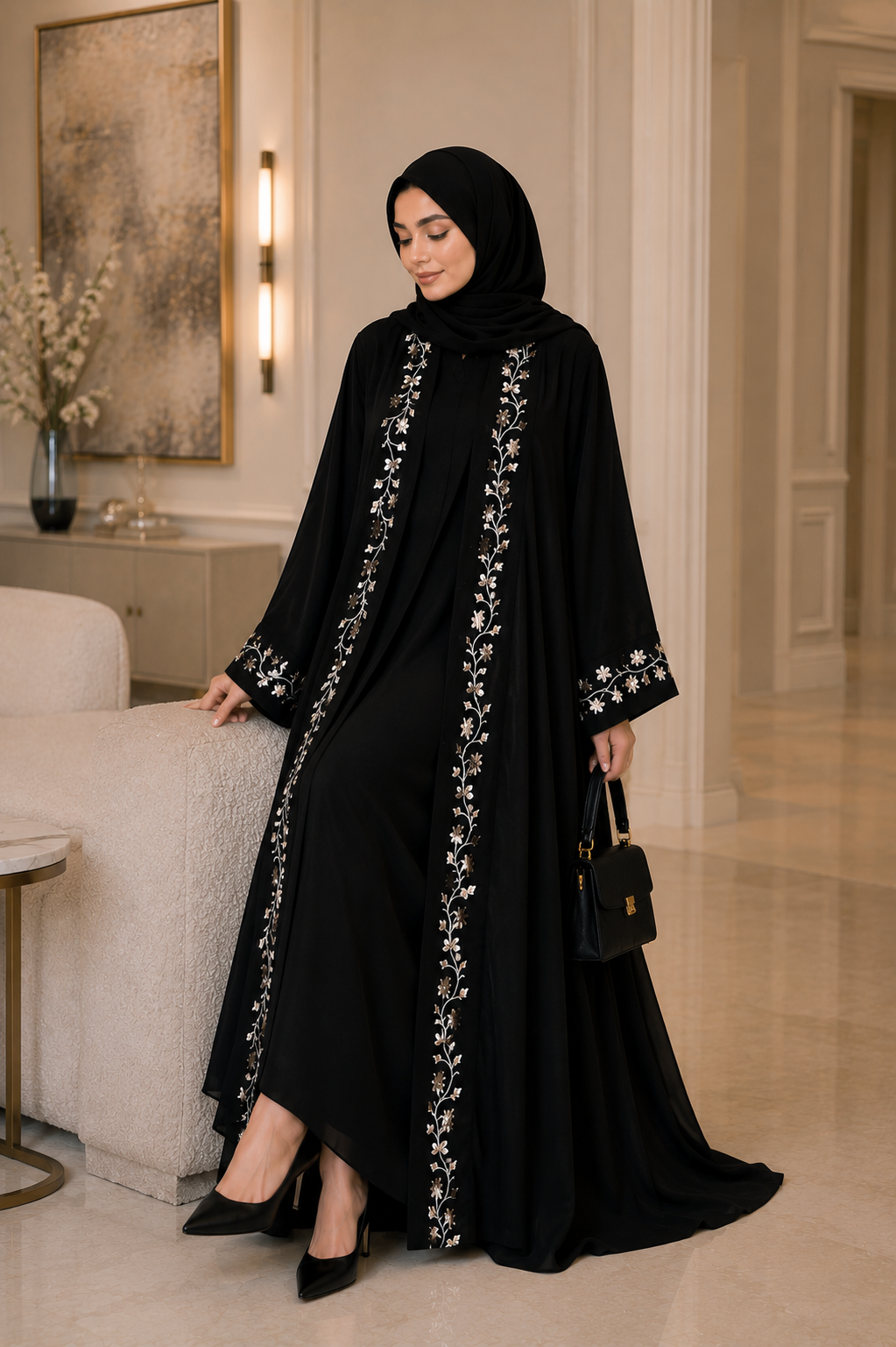 Elegant Black Floral Embroidered Abaya – Luxury Modest Wear for Women