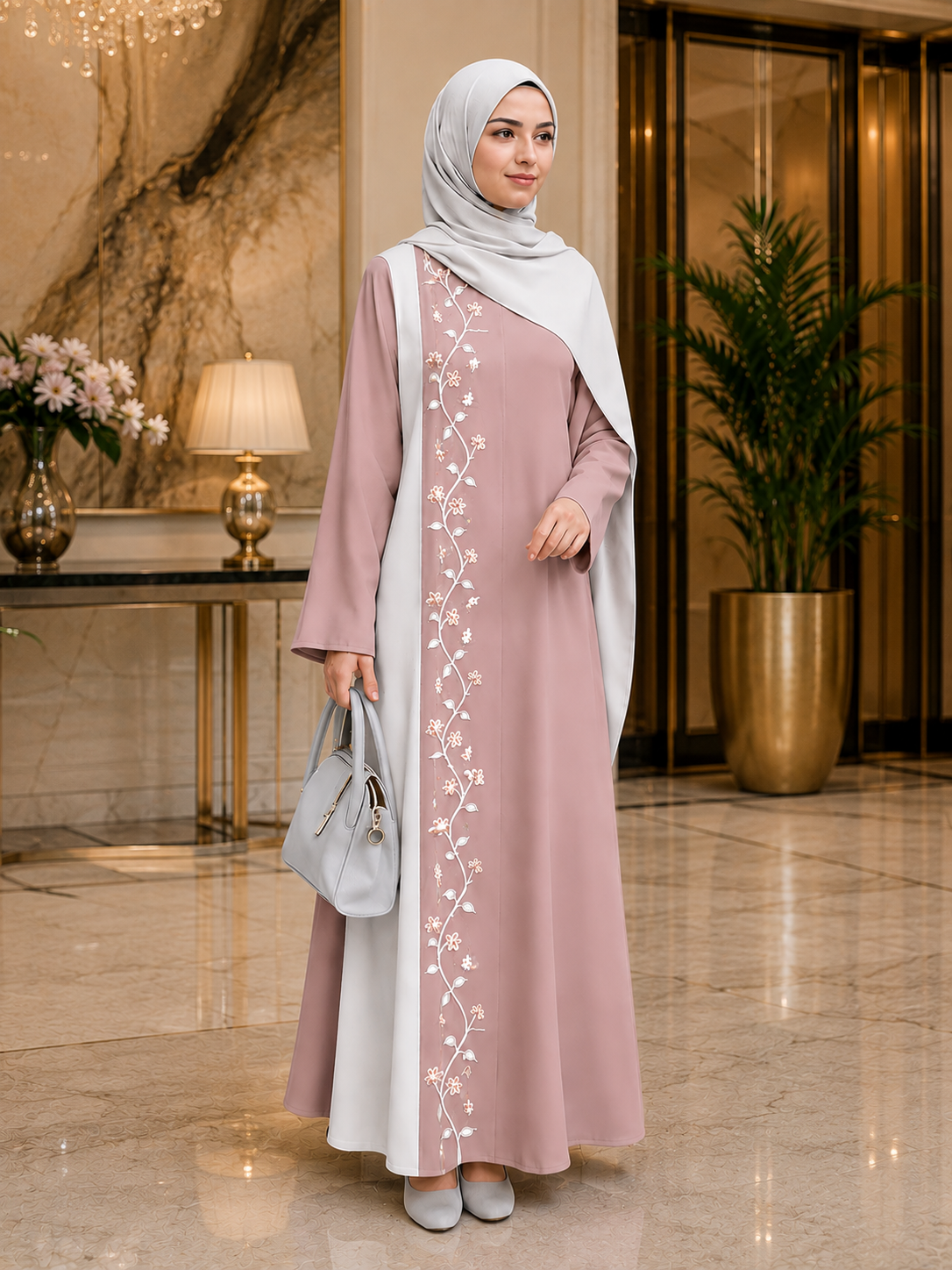 Premium Embroidered Floral Panel Abaya with Elegant Open-Front Overlay