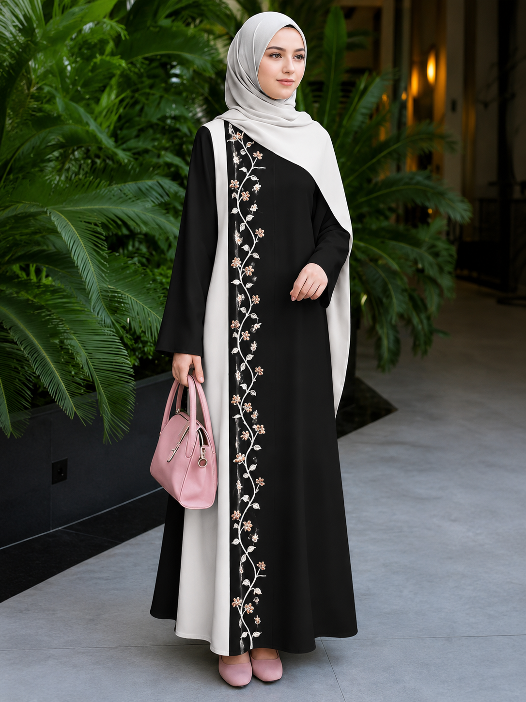 Premium Embroidered Floral Panel Abaya with Elegant Open-Front Overlay