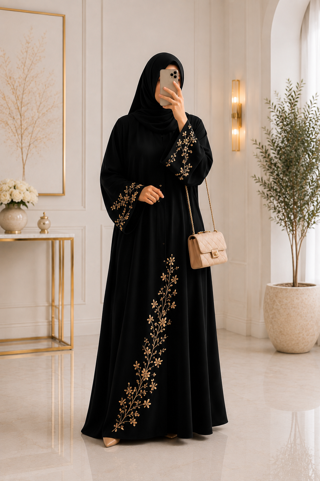 Luxury Floral Embroidered Abaya with Flared Silhouette & Matching Hijab