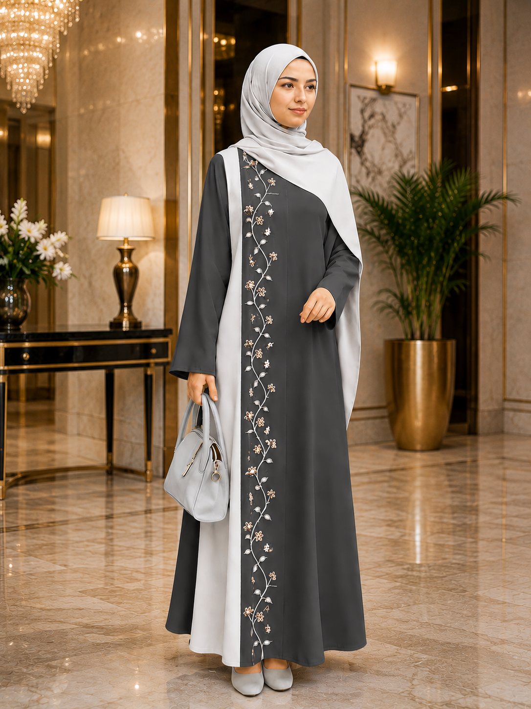Premium Embroidered Floral Panel Abaya with Elegant Open-Front Overlay