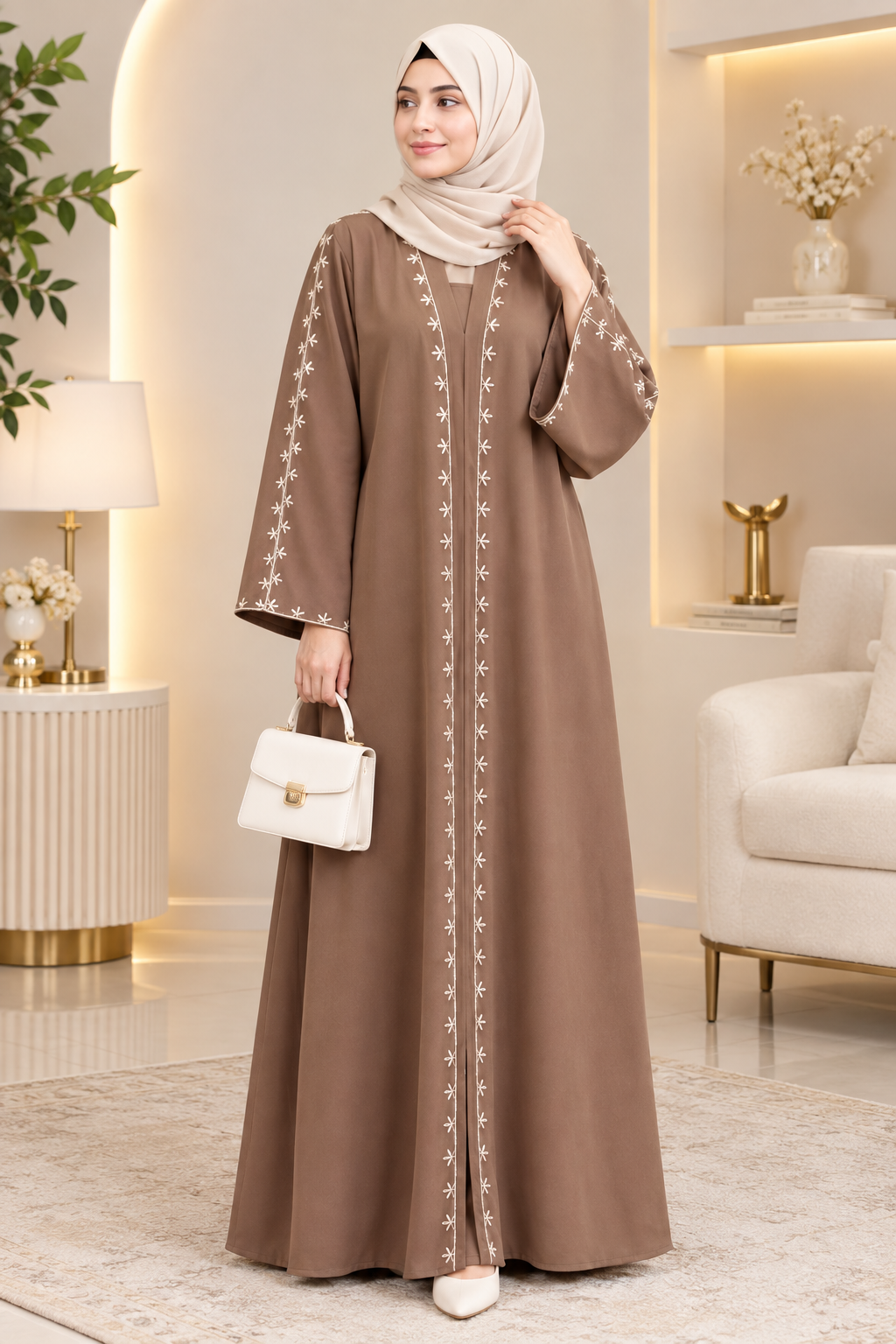 Elegant Mocha Brown Embroidered Abaya – Floral Detail Modest Dress