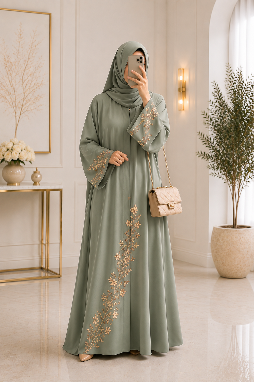 Luxury Floral Embroidered Abaya with Flared Silhouette & Matching Hijab