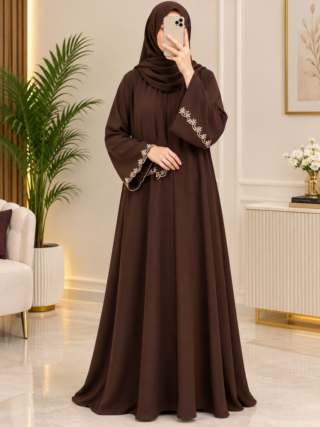 Premium Chocolate Brown Embroidered Abaya | Elegant Modest Wear