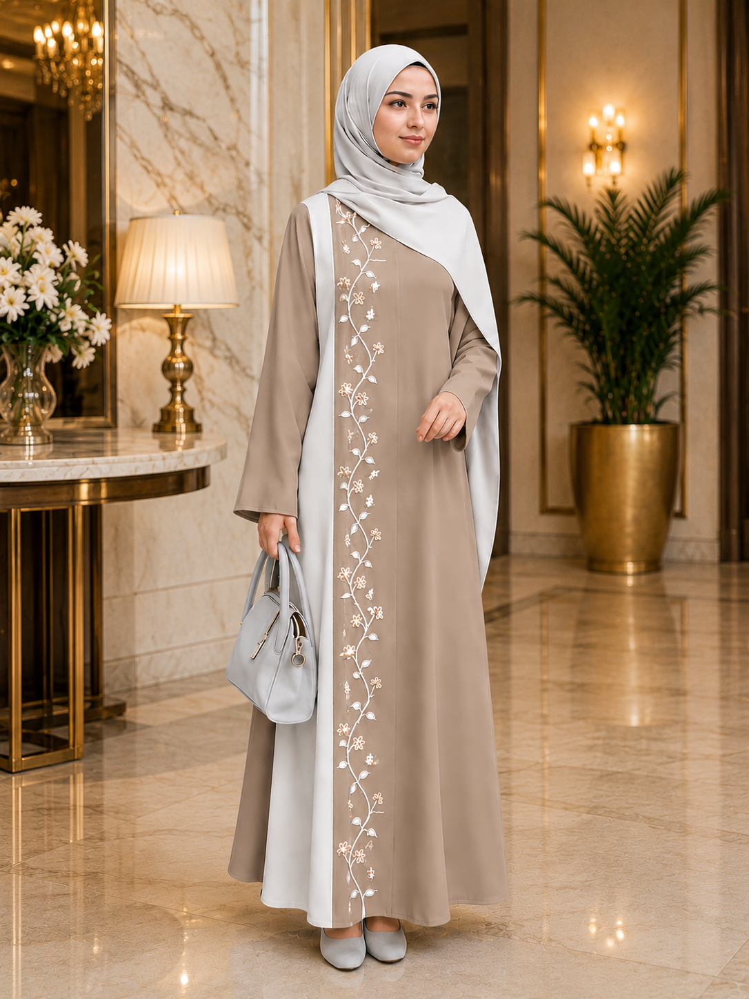 Premium Embroidered Floral Panel Abaya with Elegant Open-Front Overlay