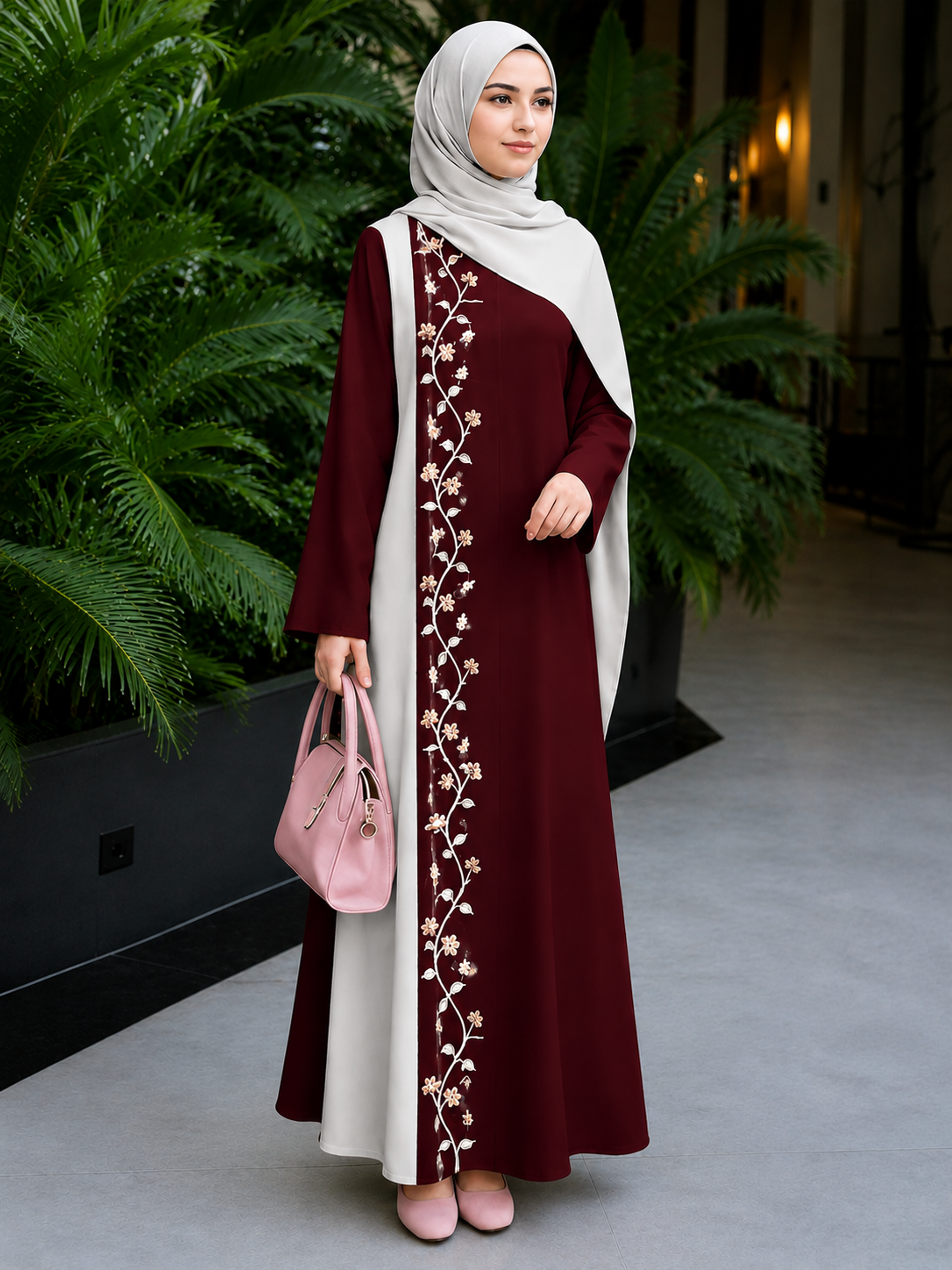 Premium Embroidered Floral Panel Abaya with Elegant Open-Front Overlay