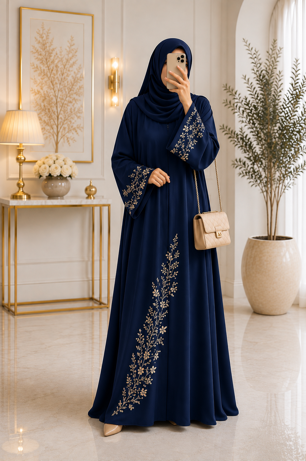 Luxury Floral Embroidered Abaya with Flared Silhouette & Matching Hijab