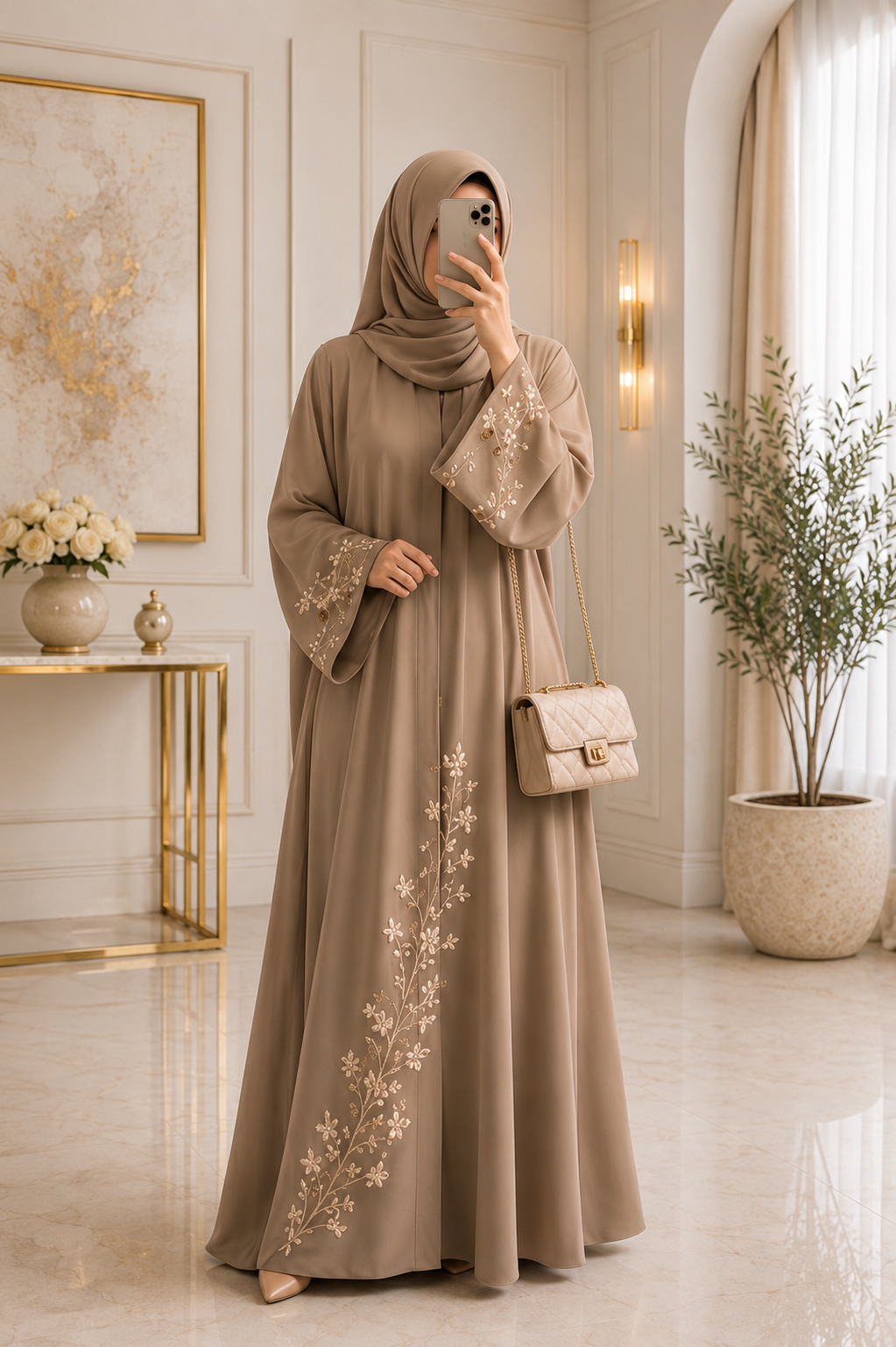 Luxury Floral Embroidered Abaya with Flared Silhouette & Matching Hijab