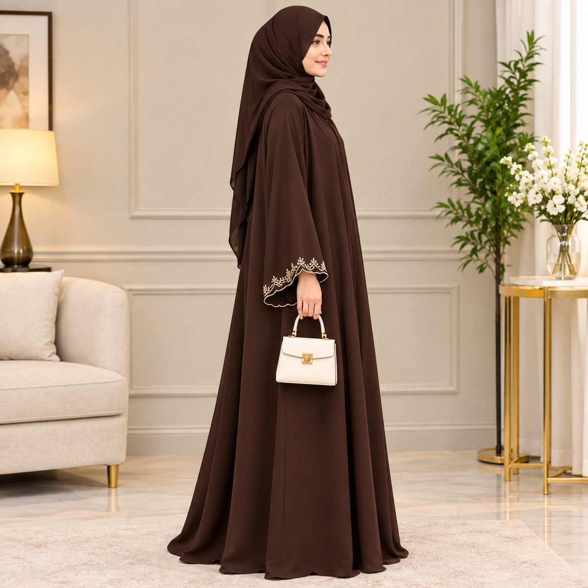 Premium Chocolate Brown Embroidered Abaya | Elegant Modest Wear