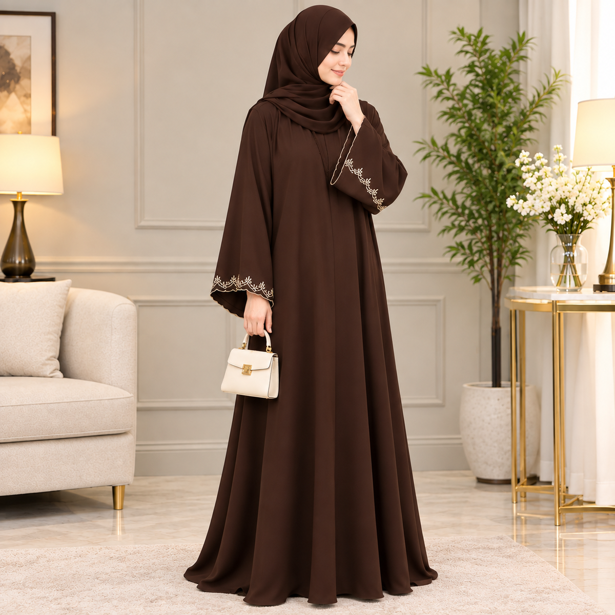 Premium Chocolate Brown Embroidered Abaya | Elegant Modest Wear