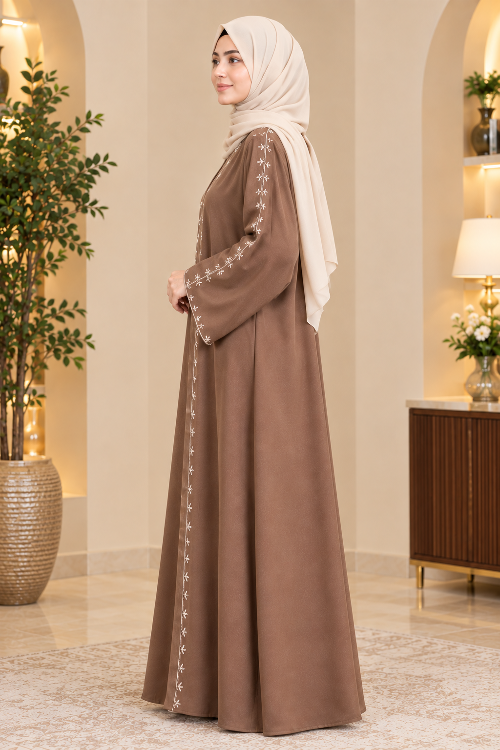 Elegant Mocha Brown Embroidered Abaya – Floral Detail Modest Dress