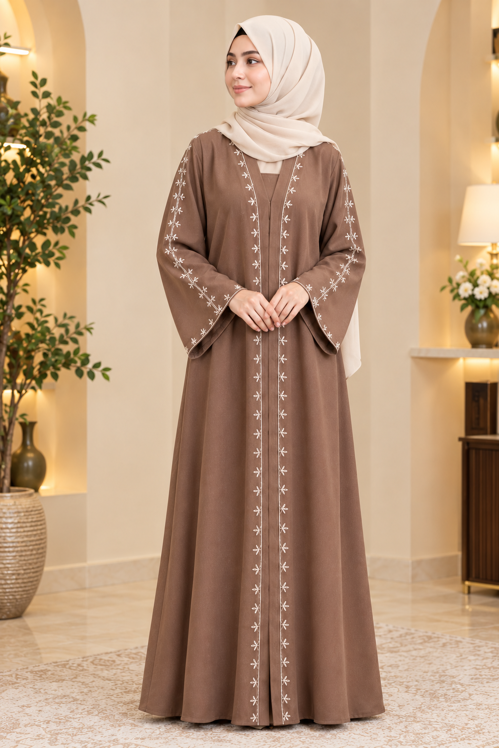 Elegant Mocha Brown Embroidered Abaya – Floral Detail Modest Dress