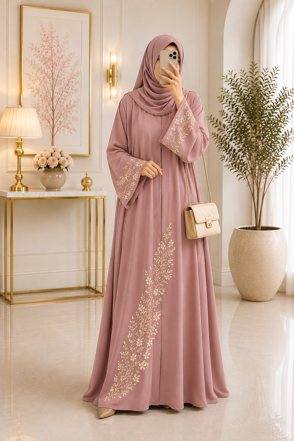 Luxury Floral Embroidered Abaya with Flared Silhouette & Matching Hijab