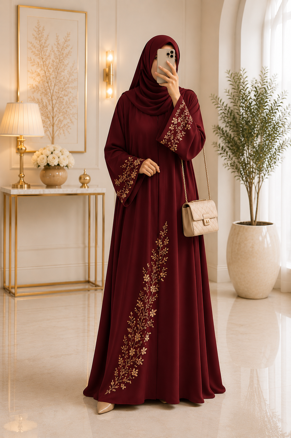 Luxury Floral Embroidered Abaya with Flared Silhouette & Matching Hijab
