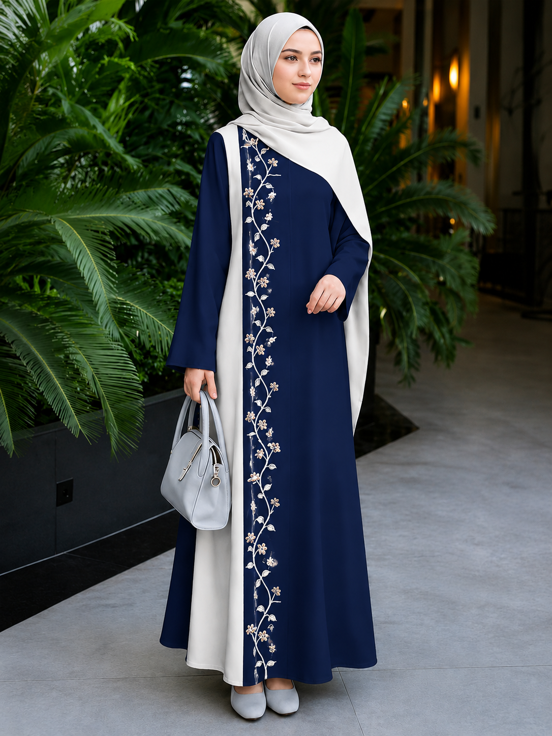 Premium Embroidered Floral Panel Abaya with Elegant Open-Front Overlay