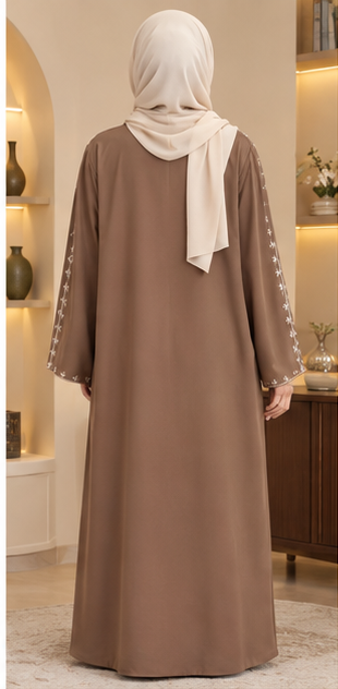 Elegant Mocha Brown Embroidered Abaya – Floral Detail Modest Dress