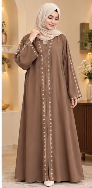 Elegant Mocha Brown Embroidered Abaya – Floral Detail Modest Dress