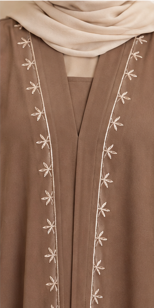 Elegant Mocha Brown Embroidered Abaya – Floral Detail Modest Dress