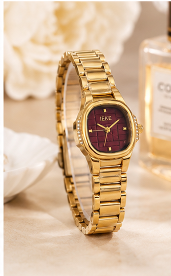 Elegant Ladies Luxury Gold Wrist Watch – Classic Burgundy Dial with Premium Gold Bracelet
