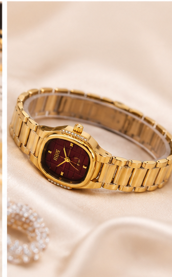 Elegant Ladies Luxury Gold Wrist Watch – Classic Burgundy Dial with Premium Gold Bracelet