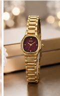 Elegant Ladies Luxury Gold Wrist Watch – Classic Burgundy Dial with Premium Gold Bracelet