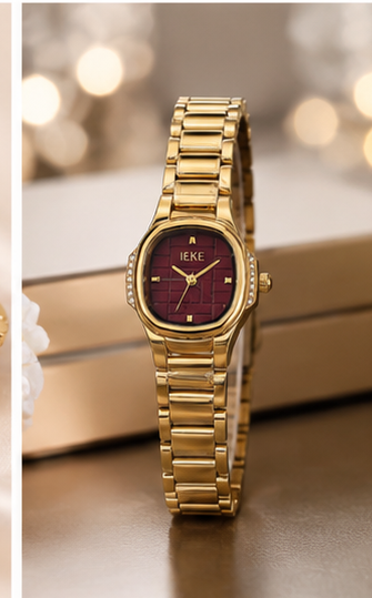 Elegant Ladies Luxury Gold Wrist Watch – Classic Burgundy Dial with Premium Gold Bracelet