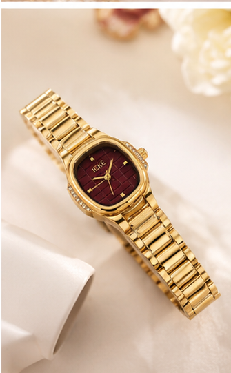 Elegant Ladies Luxury Gold Wrist Watch – Classic Burgundy Dial with Premium Gold Bracelet
