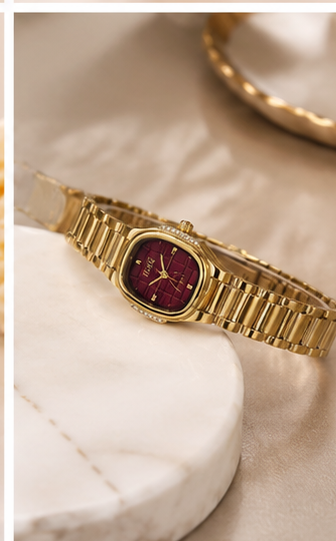 Elegant Ladies Luxury Gold Wrist Watch – Classic Burgundy Dial with Premium Gold Bracelet
