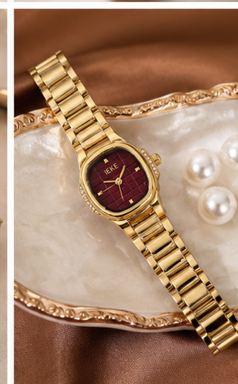 Elegant Ladies Luxury Gold Wrist Watch – Classic Burgundy Dial with Premium Gold Bracelet